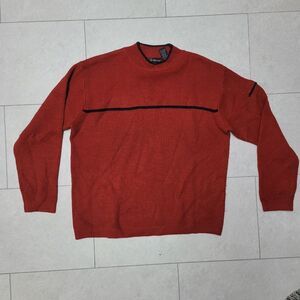 Mens Wool Blend 90s Vintage Mock Neck Striped Red Sweater With Sleeve Pocket
